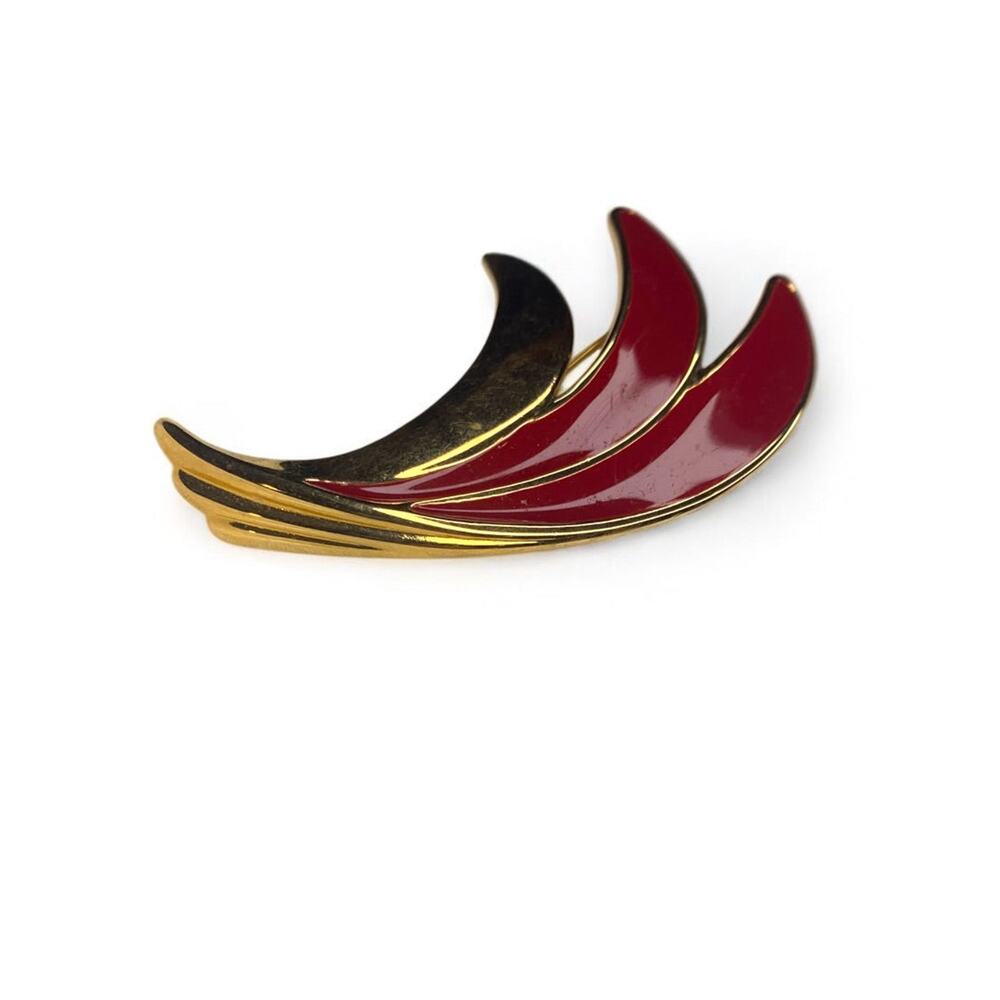 Signed Monet Statement Vintage Brooch Pin Enameled Red Goldtone 1.5" x 2.75"
